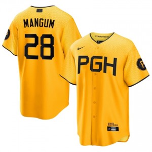 #28 Jake Mangum Classic Men City Connect Baseball Jersey | Pirates Gold Fan Gear 97267899