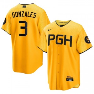 #3 Nick Gonzales Gameday Men City Connect Baseball Jersey | Pirates Gold Fan Gear 86611940